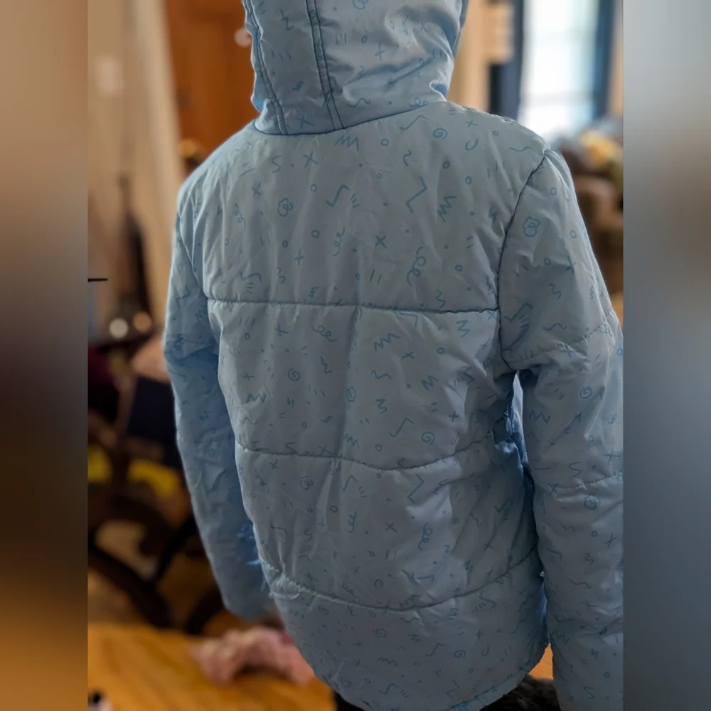 Disney Stitch Puffer Jacket Youth Sz 14/16 Blue Hood‎ Winter Coat Lilo & Stitch